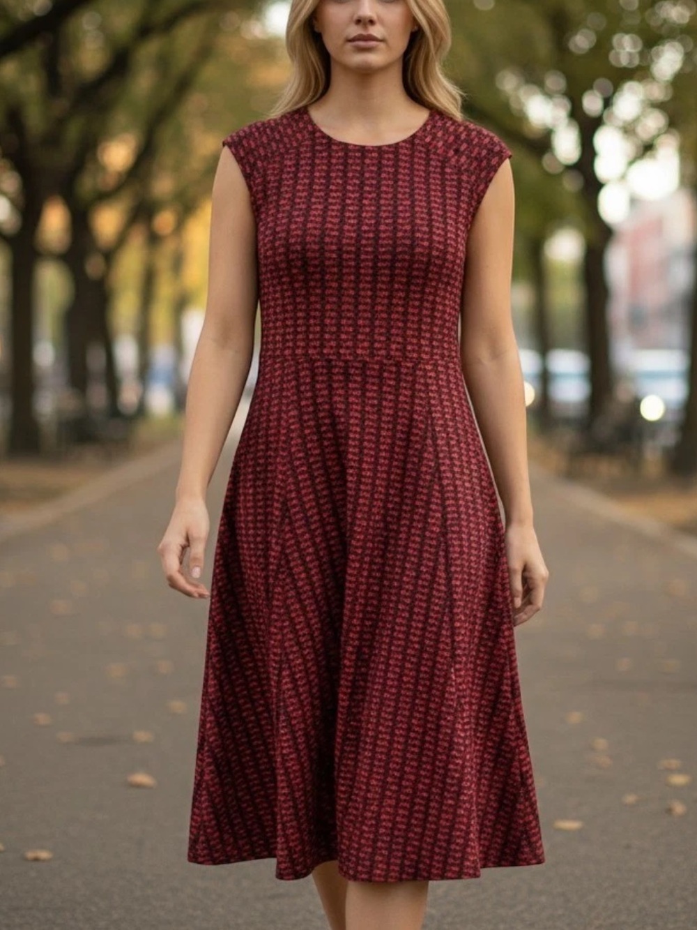 Lands' End Fit Flare Red & Black Sleeveless Midi Dress w/Geometric Print size 1X